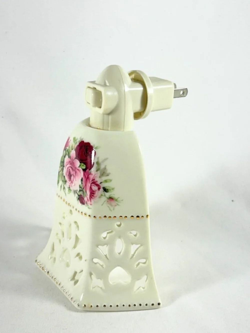Nightlight, Ceramic, White W/Rose Pattern & Gold Trim